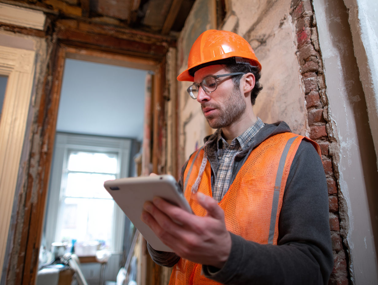 Construction technician inspecting a soundproofing project and reviewing plans on a tablet.
